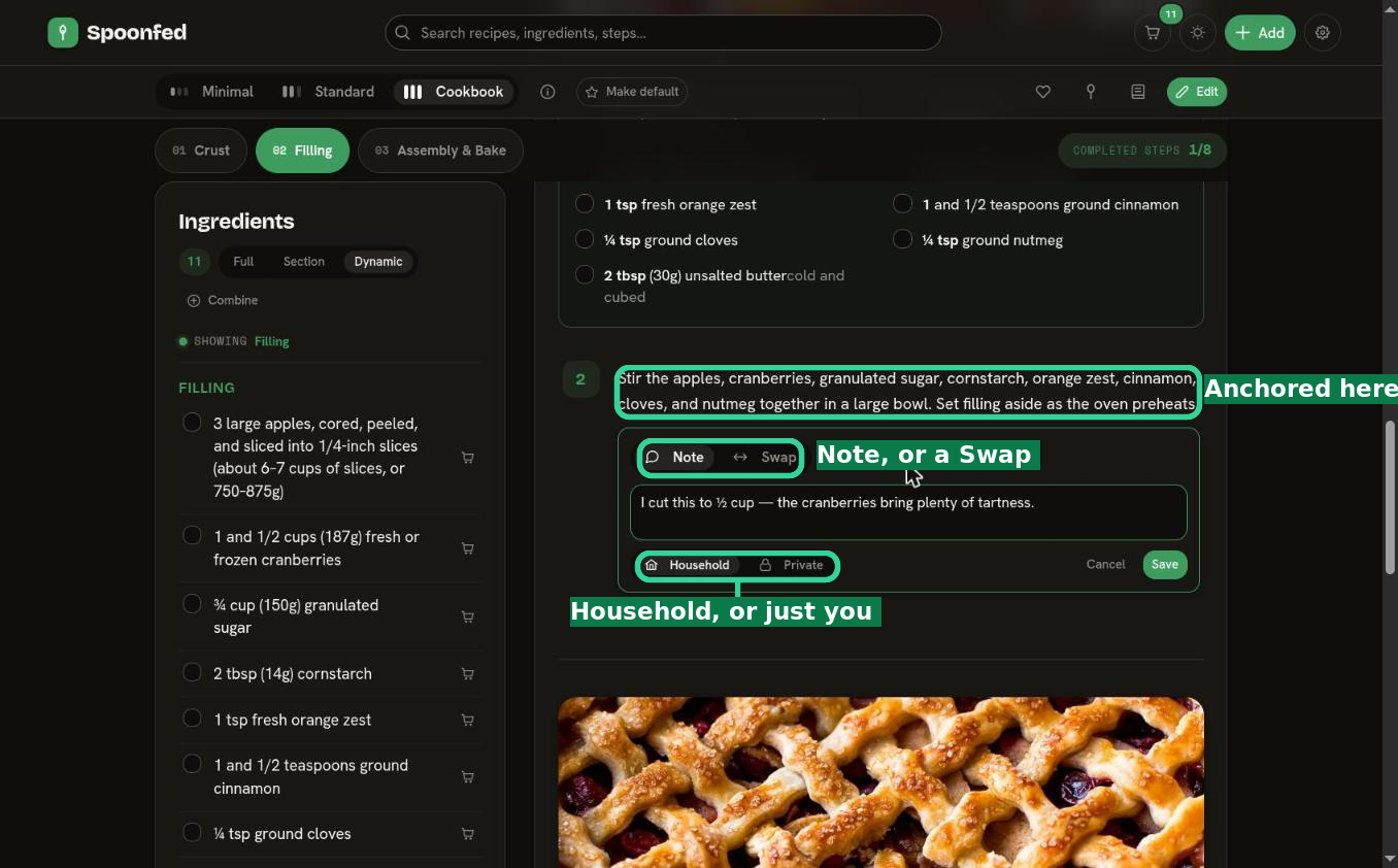 Adding an annotation: a note anchored to a selected step, with a Household / Private visibility choice
