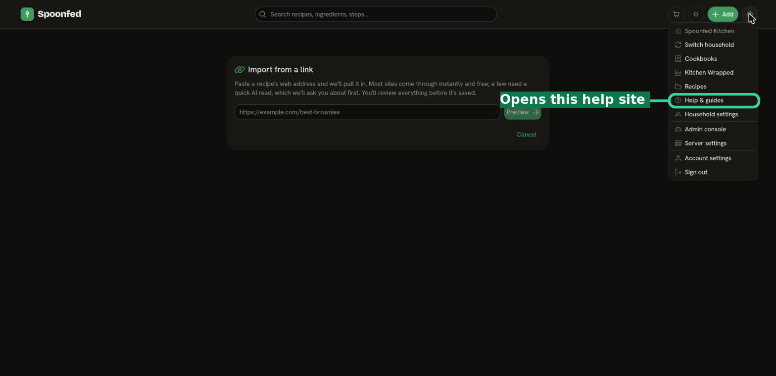 The app menu behind the gear icon, including Household settings, Account settings, and Help & guides