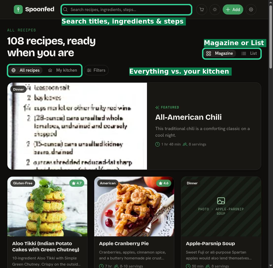 The Spoonfed recipe browser in Magazine view, with the All recipes / My kitchen scope, the Magazine/List toggle, and search