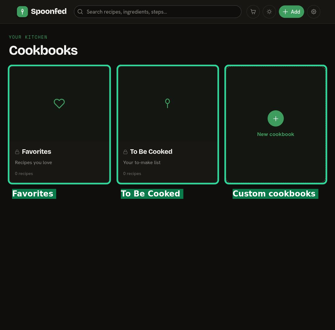 Your Cookbooks: the protected Favorites and To Be Cooked cookbooks, plus a New cookbook tile