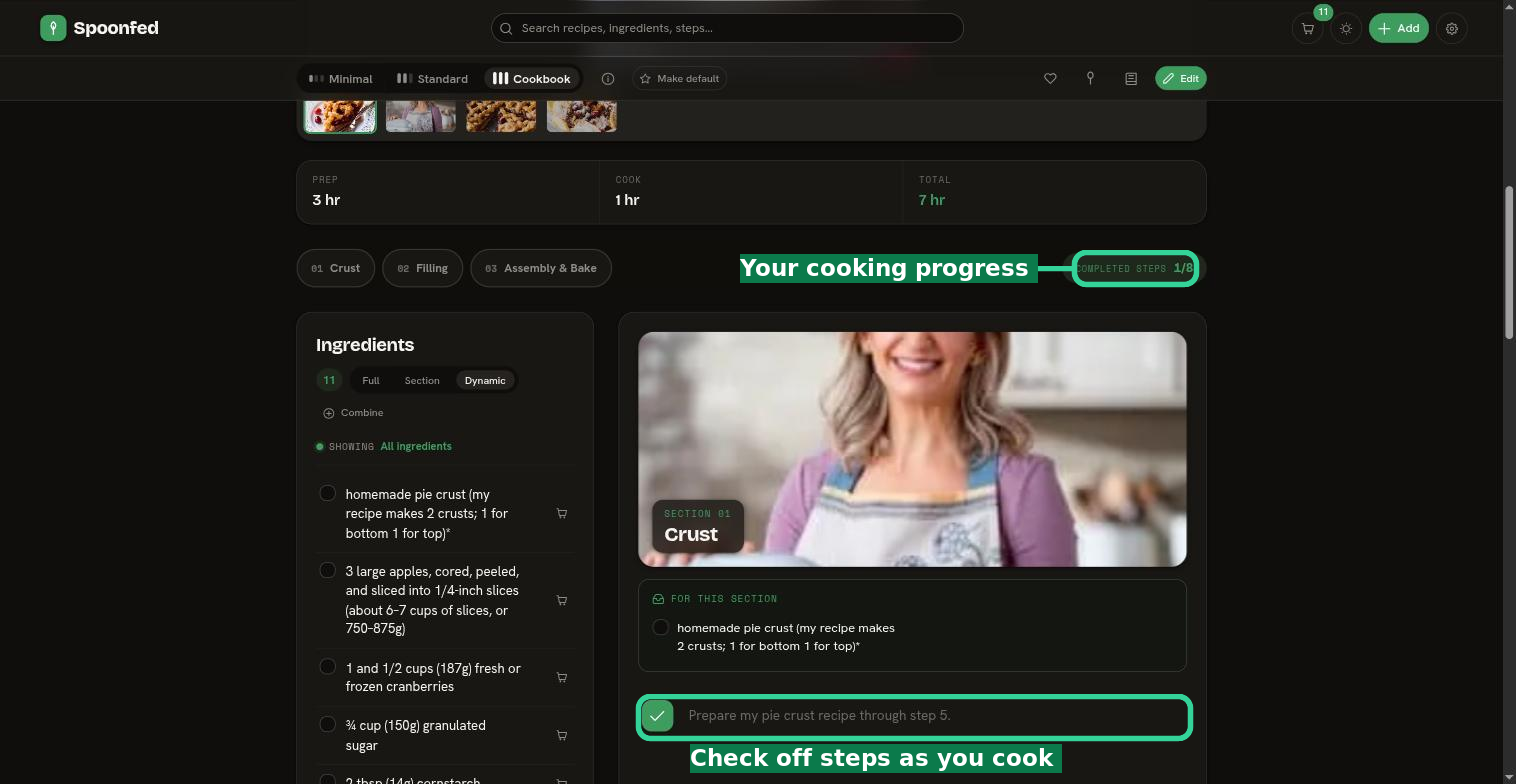 A recipe mid-cook: steps with completion checkboxes and a "Completed steps 1/8" counter
