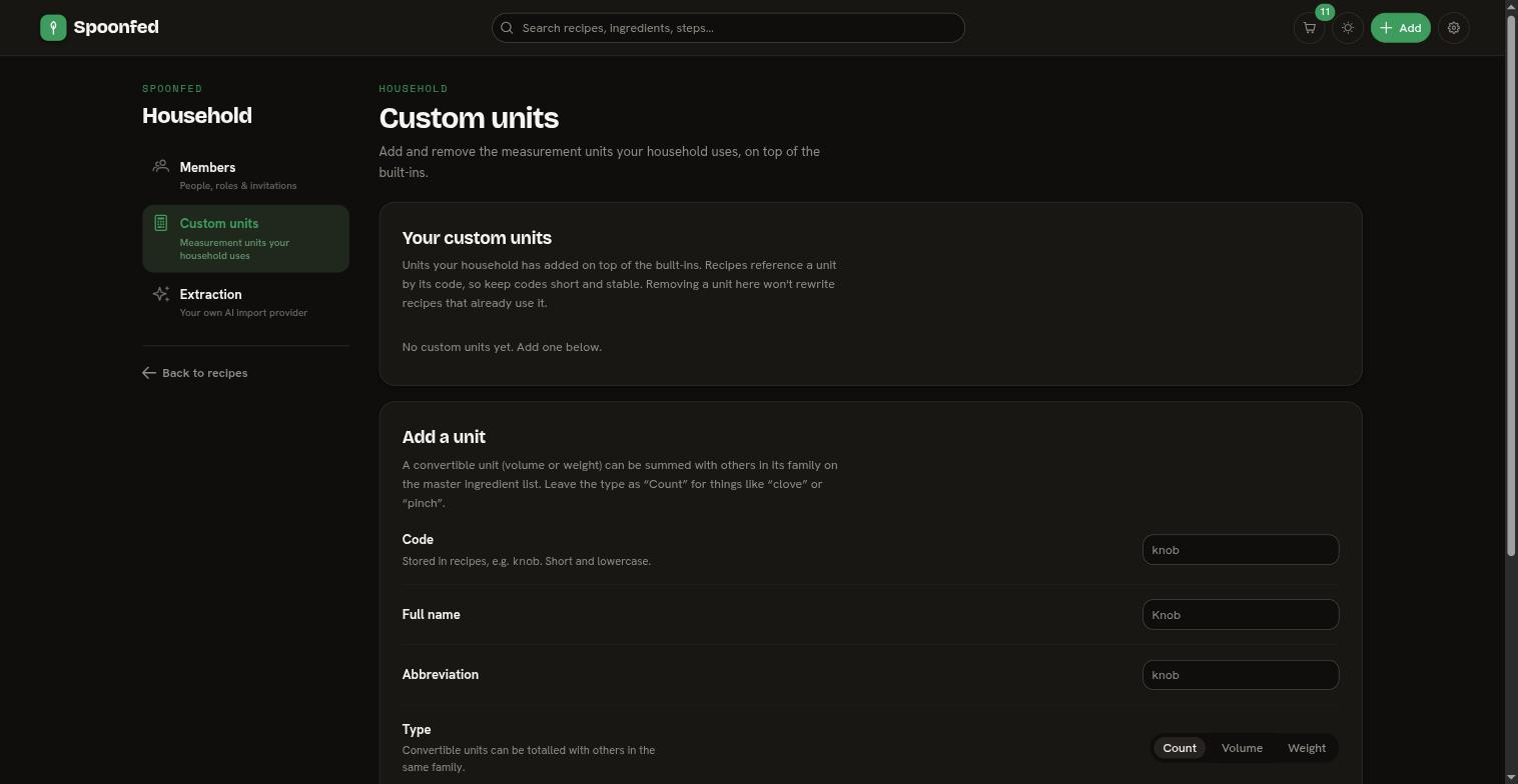 The Custom units page: a list of your household's units and an "Add a unit" form (code, full name, abbreviation, type)