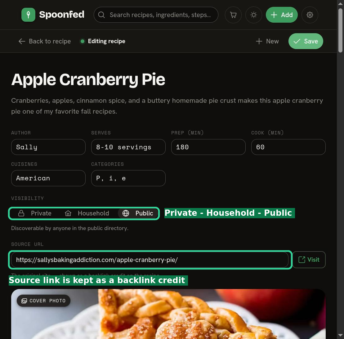 The recipe editor: title, author, times, cuisines, visibility, and a source-URL backlink field