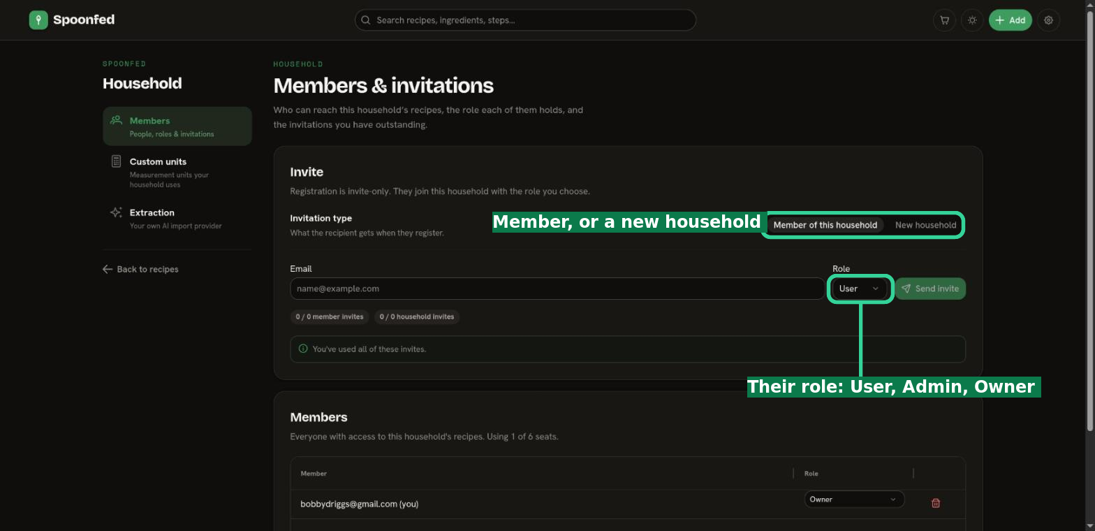 The Members & invitations page: choose the invitation type and the role, and see your remaining invites