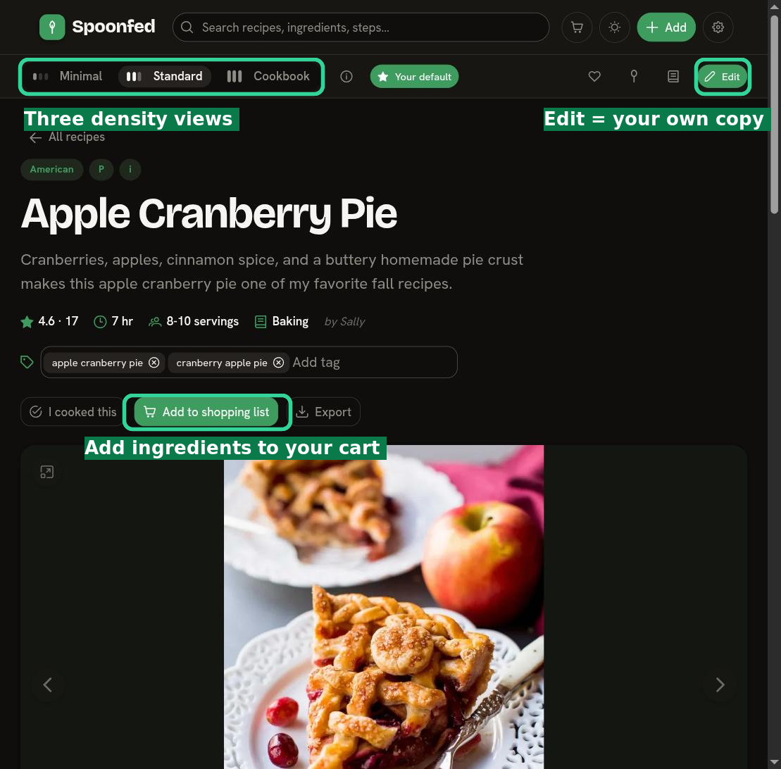 A recipe in Standard view, showing the Minimal / Standard / Cookbook toggle, Add to shopping list, and Edit
