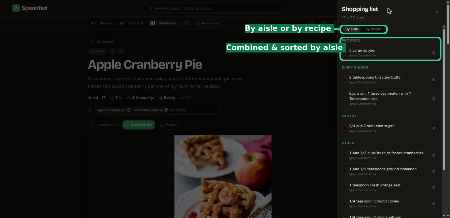 The shopping list with items from a recipe, grouped by aisle (Produce, Dairy & Eggs, Pantry…) with a By aisle / By recipe toggle